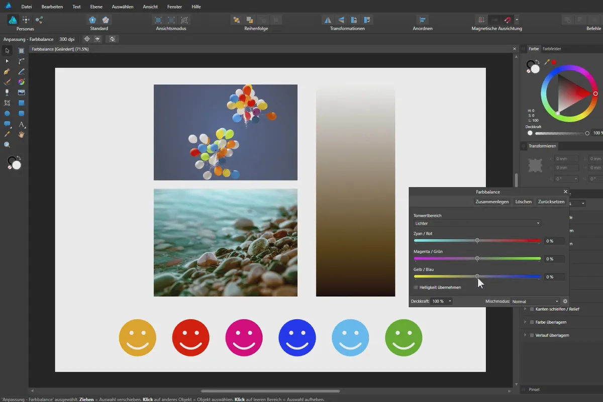 Affinity Designer -ohje: Perusteet: 5.9 | Väri tasapaino.