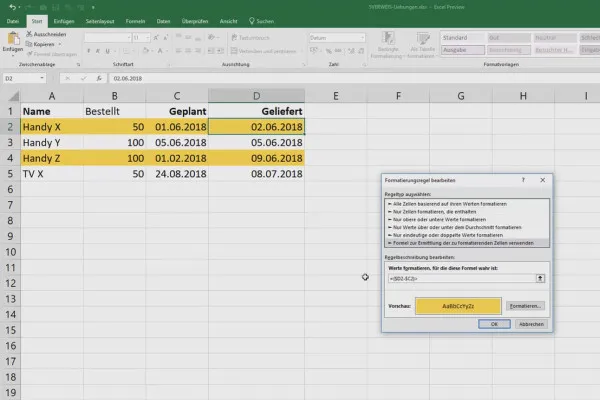Cours Excel pour le contrôle et la vente : liste des assortiments, unités, devise etc. - Mettre en évidence les dépassements de délais de 5.5.