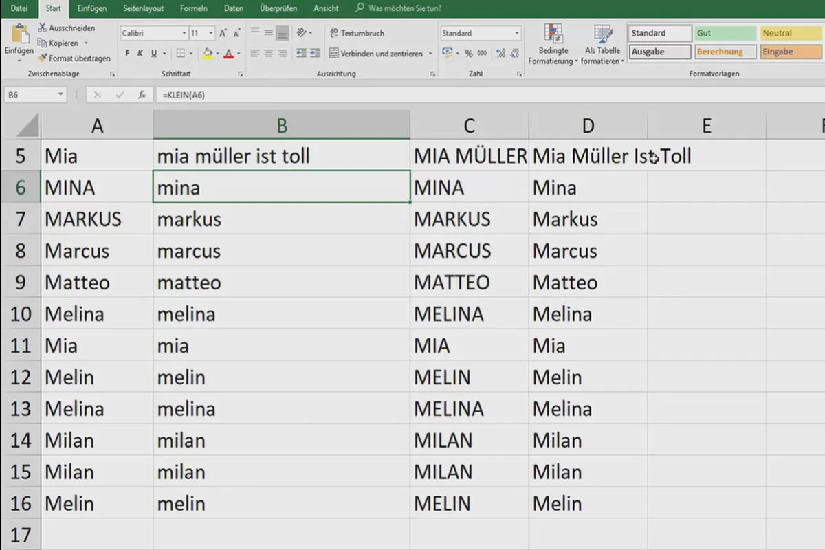 Excel-Tutorial: Pivot, Diagramme und Tabellen-Design zur anschaulichen Daten-Präsentation – 5.4 Ändern der Groß-/Kleinschreibung von Text in Excel