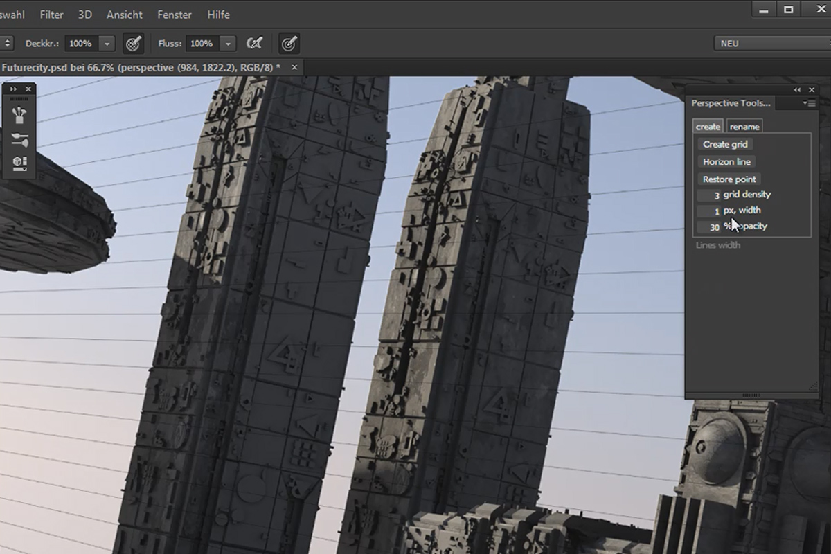 Cinema 4D kohtaa Photoshop: II - 1.4. Luodaan perspektiiviset avustusviivat