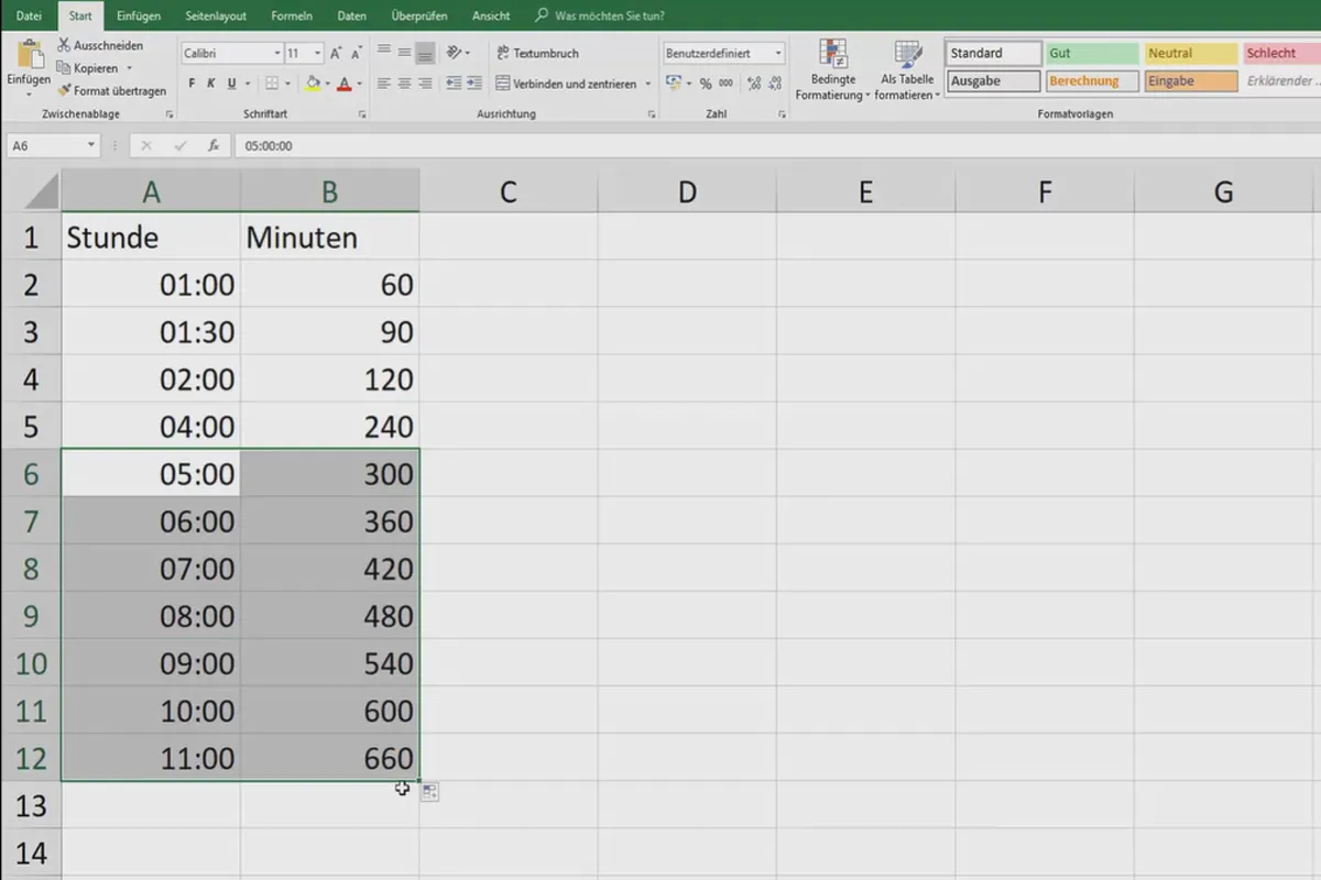 Excel-Tutorial: Pivot, Diagramme und Tabellen-Design zur anschaulichen Daten-Präsentation – 5.5 Stunden in Minuten umrechnen