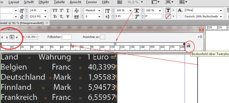 Skirtukai ir lentelės programoje "InDesign