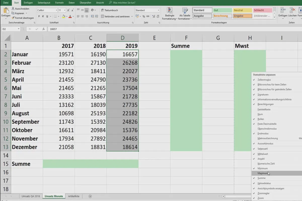 Excel-Tutorial: Pivot, Diagramme und Tabellen-Design zur anschaulichen Daten-Präsentation – 5.7 Rechnen mit der Statusleiste