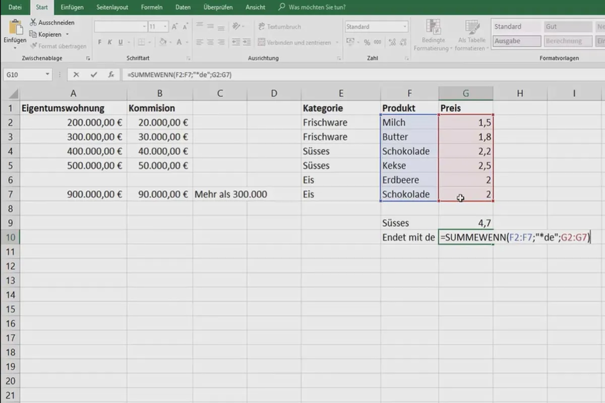 Excel-Tutorial: Pivot, Diagramme und Tabellen-Design zur anschaulichen Daten-Präsentation – 5.8 Summieren nach Kriterien eines Zellenbereichs