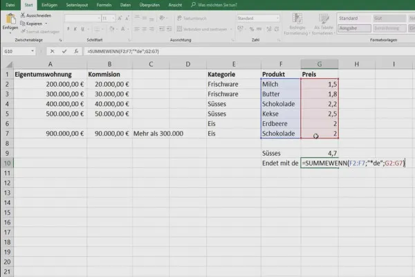Excel-Tutorial: Pivot, Diagramme und Tabellen-Design zur anschaulichen Daten-Präsentation – 5.8 Summieren nach Kriterien eines Zellenbereichs