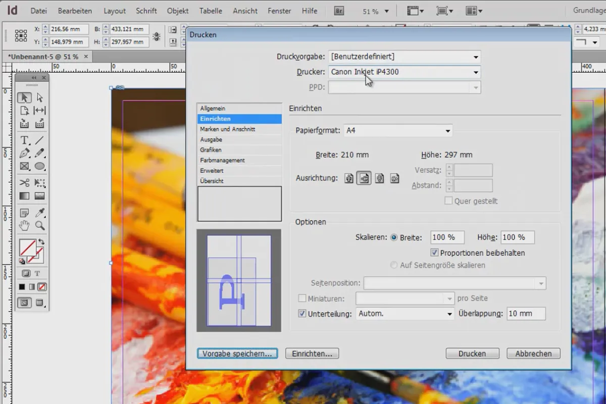 Tipps & Tricks zu Adobe InDesign: DIN A3 - DIN A0 auf mehreren DIN-A4-Blättern drucken