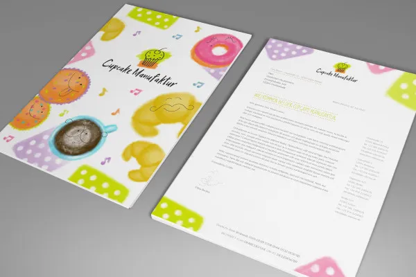 Modelo de papel timbrado, papel comercial e formulário de carta para impressão: 1 Fábrica de Cupcakes, Padaria