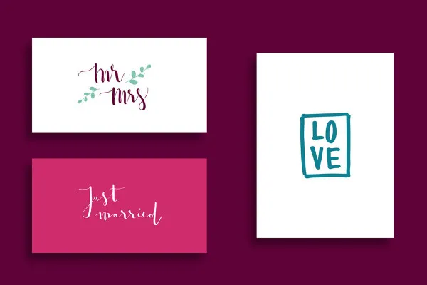 Handlettering Hochzeit: "mr mrs", "LOVE", "Just married"