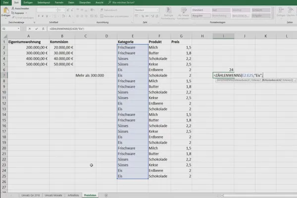 Excel-Tutorial: Pivot, Diagramme und Tabellen-Design zur anschaulichen Daten-Präsentation – 5.9 Zählen nach Kriterien eines Zellenbereichs