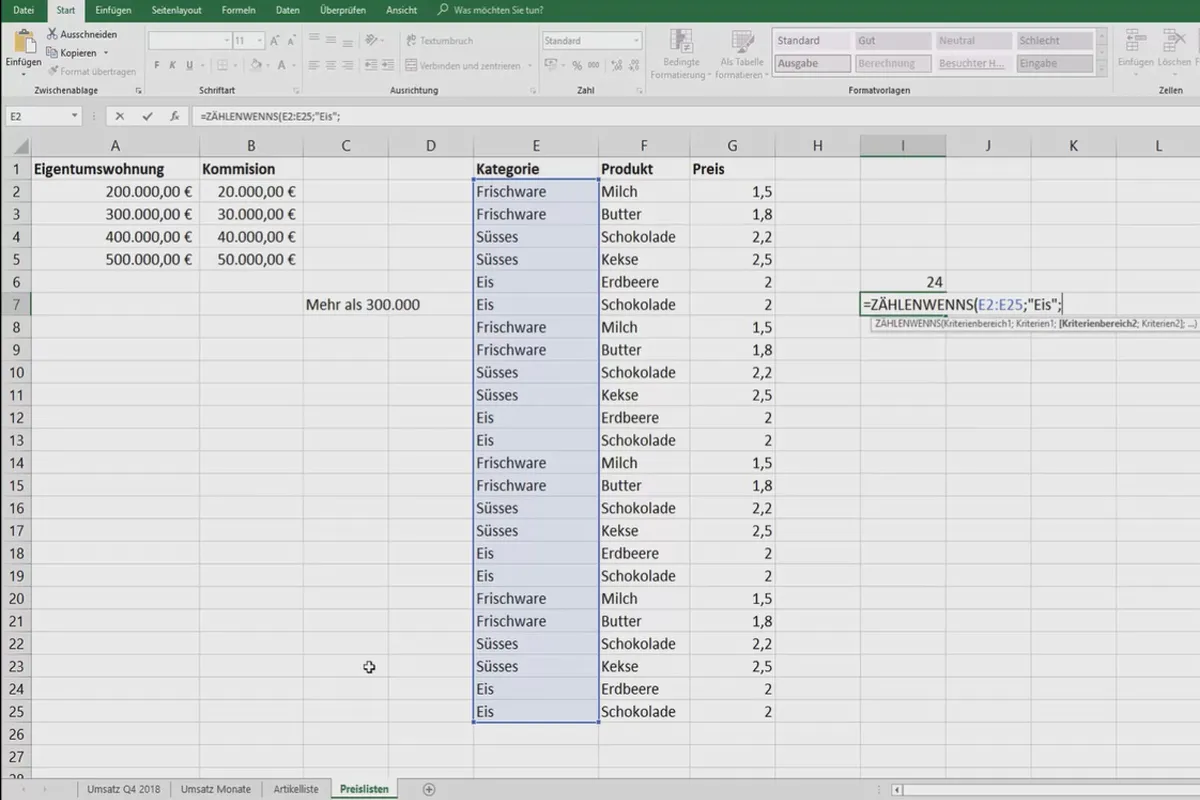 Excel-Tutorial: Pivot, Diagramme und Tabellen-Design zur anschaulichen Daten-Präsentation – 5.9 Zählen nach Kriterien eines Zellenbereichs