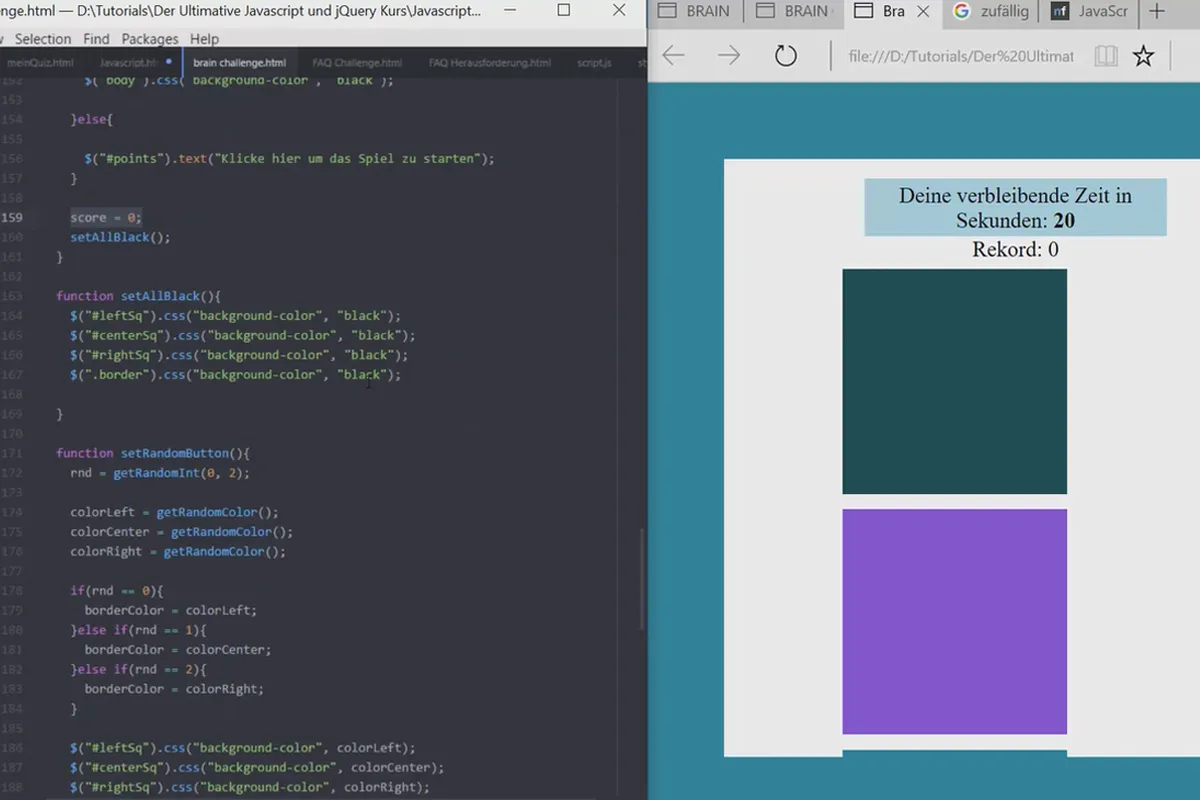 Das ultimative Training für JavaScript und jQuery – 7.4 Brain-Game: JS und jQuery, Teil 2, Game Start und Game Over