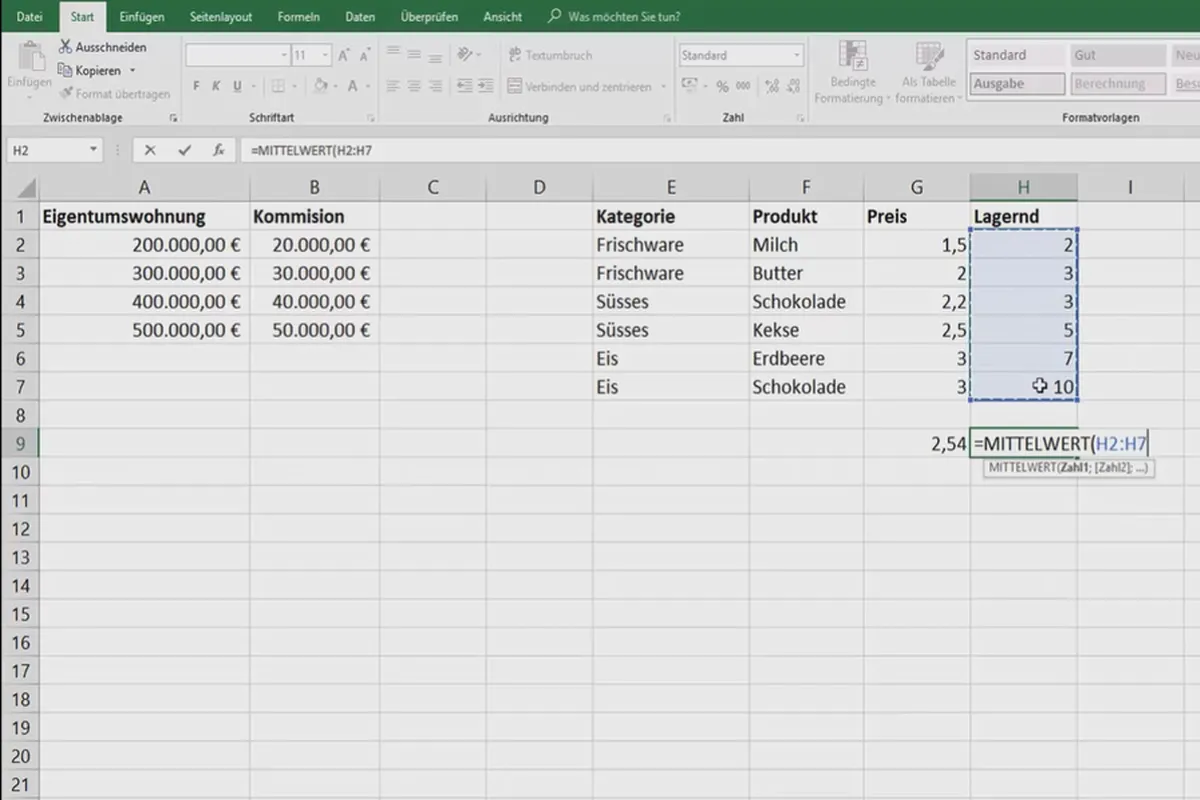 Excel-Tutorial: Pivot, Diagramme und Tabellen-Design zur anschaulichen Daten-Präsentation – 5.10 Mittelwert errechnen