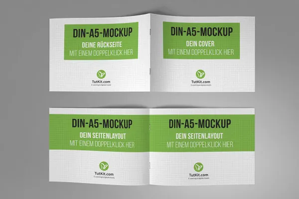 Mockup per opuscoli in formato orizzontale A5: fronte, retro, due pagine interne