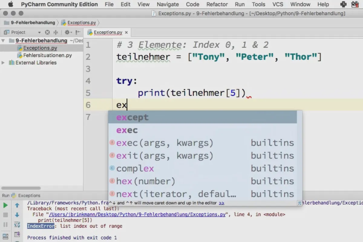 Programmieren mit Python – 9.2 Fehler werden als Exceptions dargestellt