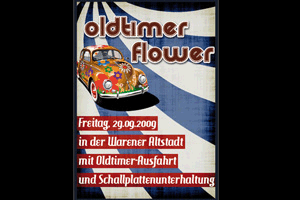 Flygbladsdesign i retro-grunge-look: Flower-Power-Bilträff - från design till tryck