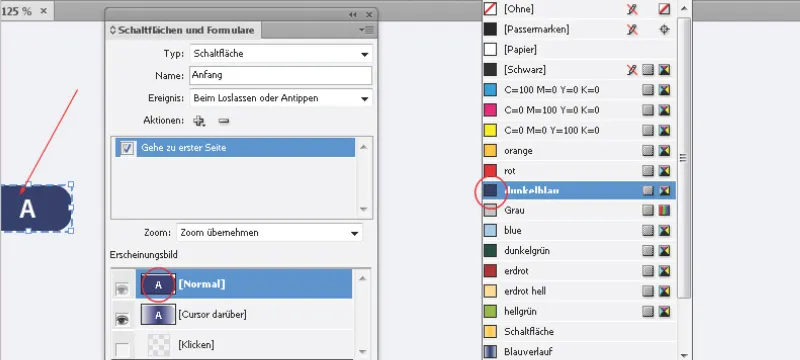 Mygtukai ir nuorodos programoje "InDesign