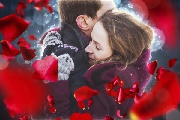 Action Photoshop "Extase amoureuse romantique": Bokeh & pétales de roses