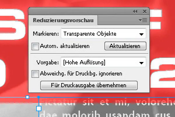"InDesign" minkštoji patikra ir išvesties peržiūra, skaidrių mažinimas, atspaudų peržiūra