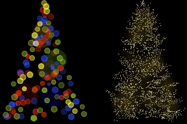Bokeh effects for atmospheric Christmas tree lighting: classic and brightly colored