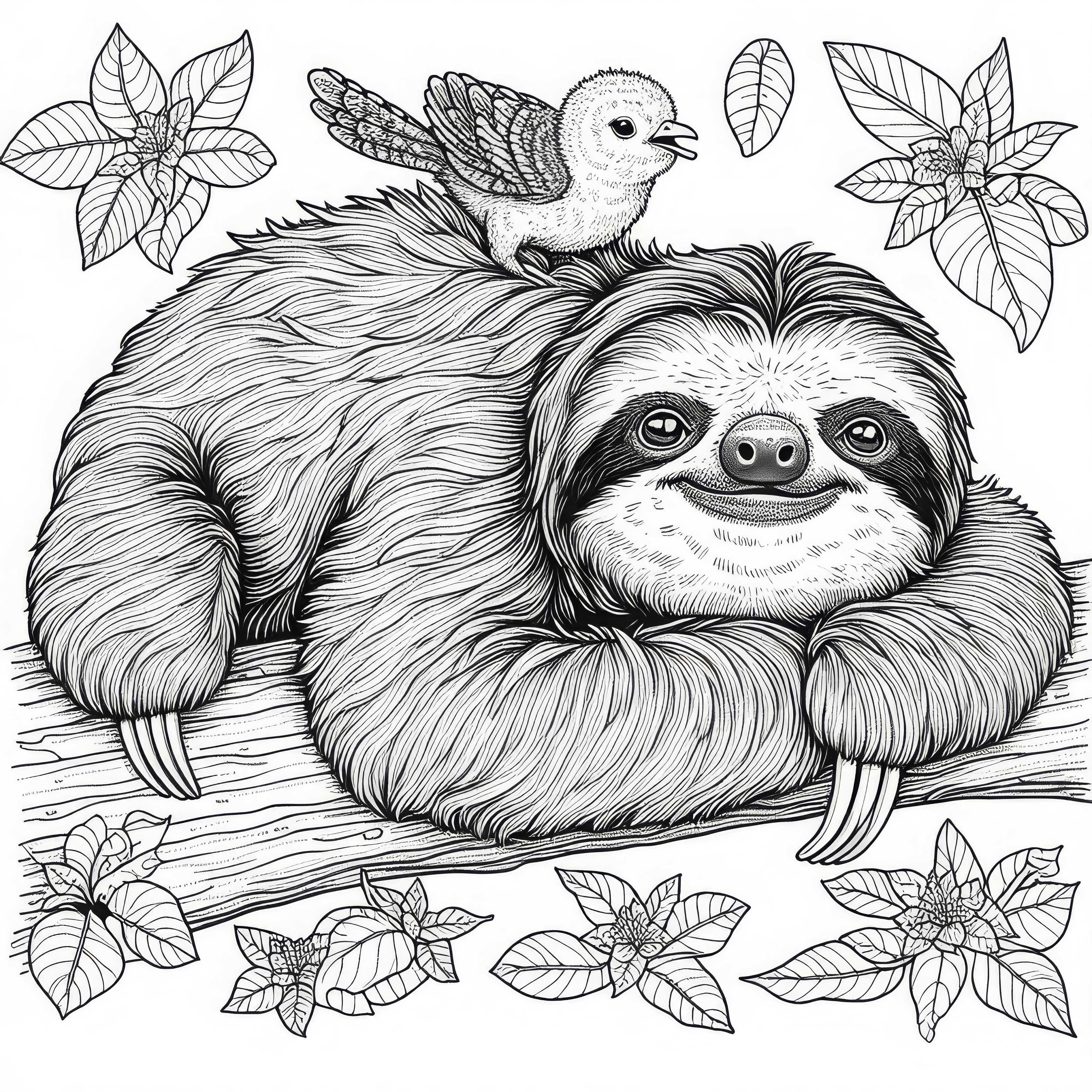 Paresseux avec un oiseau sur le dos : Image à colorier détaillée (Gratuit)
