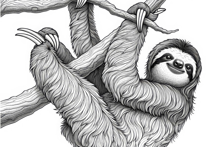Paresseux grimpe avec de longues griffes sur une branche : Modèle de coloriage détaillé (Gratuit) Un paresseux grimpe avec de longues griffes sur une branche : Modèle de coloriage détaillé (Gratuit)