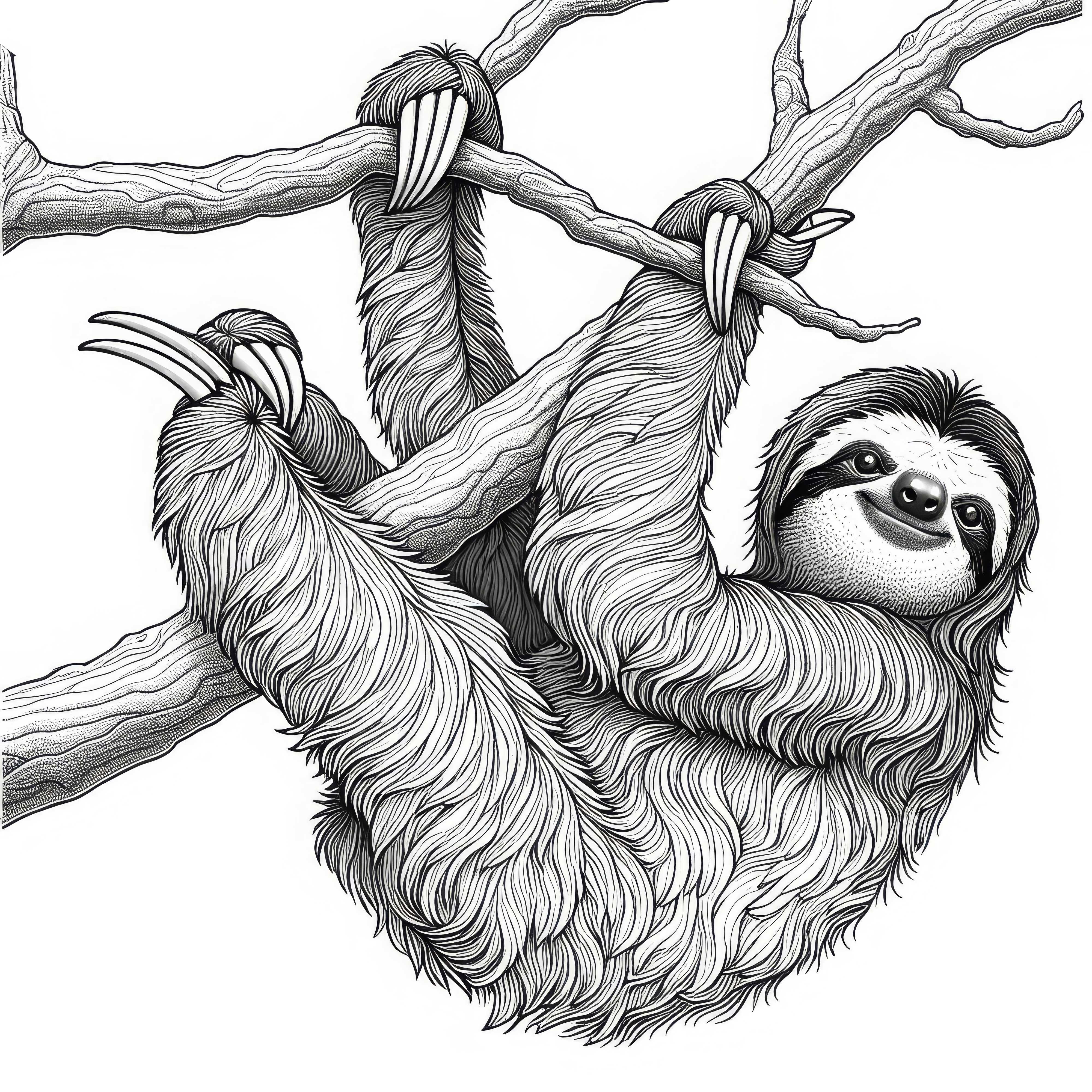 Un paresseux grimpe avec de longues griffes sur une branche : Modèle de coloriage détaillé (Gratuit)