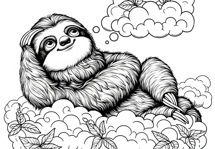Ленивец мечтательно смотрит в облака: Раскраска для скачивания (Бесплатно)