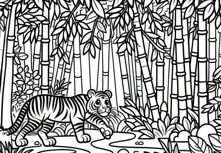 Tigre en la jungla con bambú: Dibujo para colorear sencillo (Gratis) Tigre en la jungla con bambú: Dibujo para colorear sencillo (Gratis)