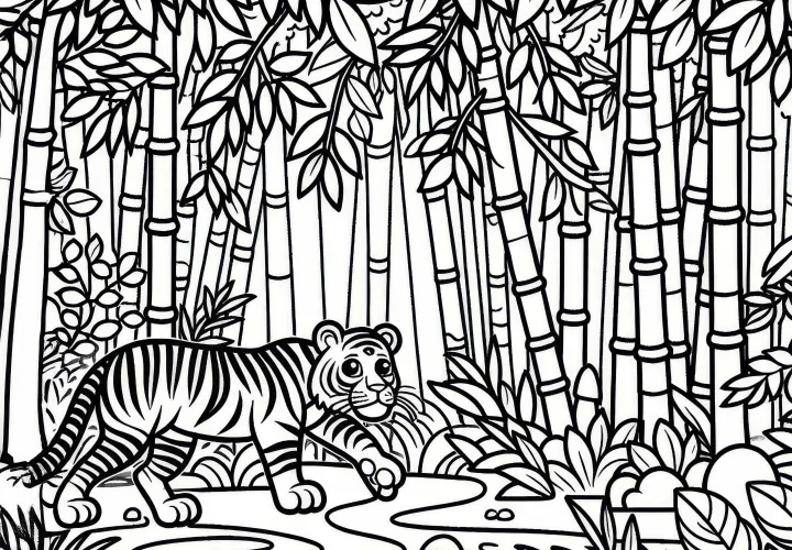 Тигр в джунглях с бамбуком: Простая раскраска (Бесплатно)