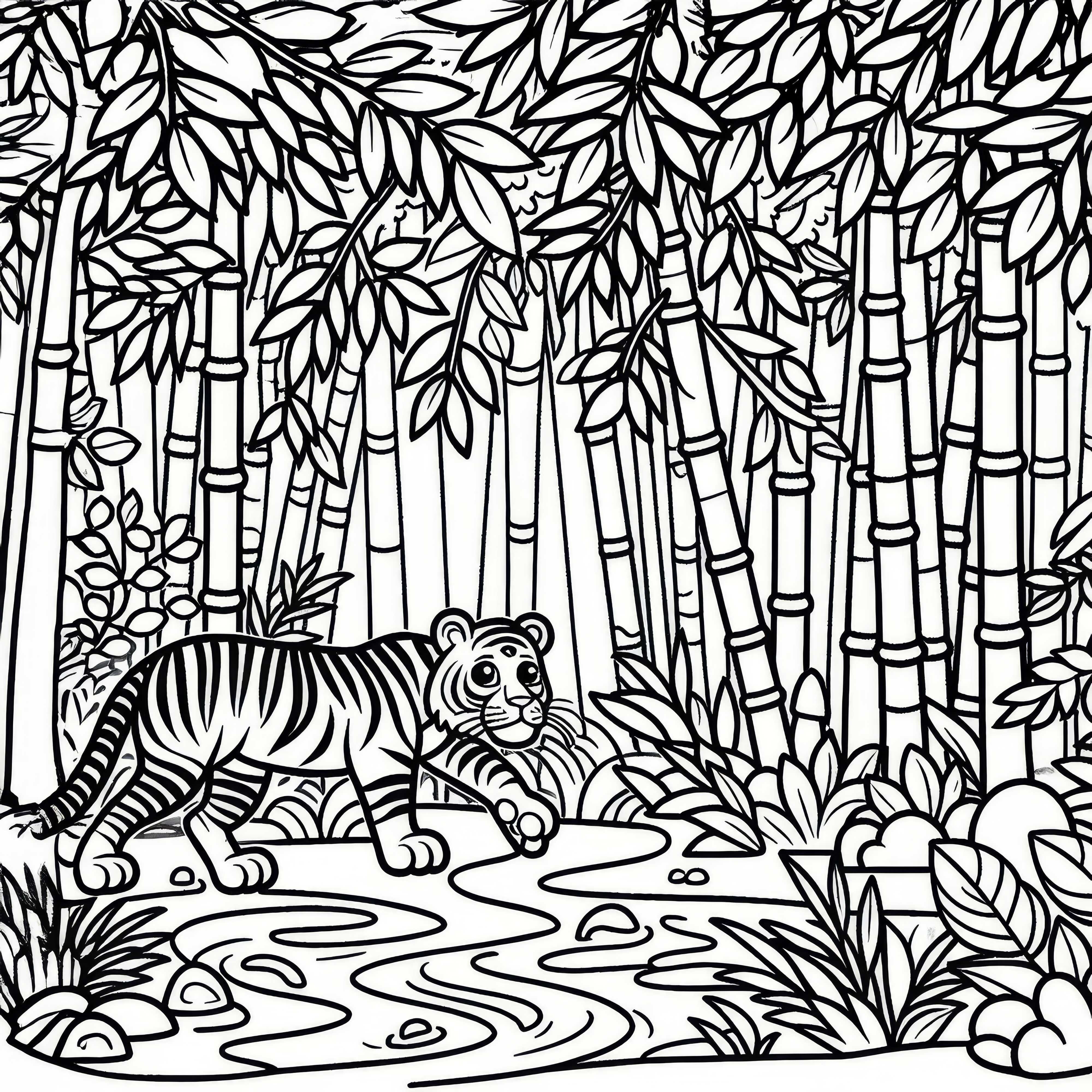 Tigre en la selva con bambú: Imagen para colorear sencilla (Gratis)