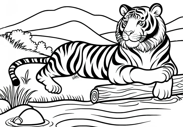 Тигр на берегу реки: раскраска для скачивания (бесплатно)