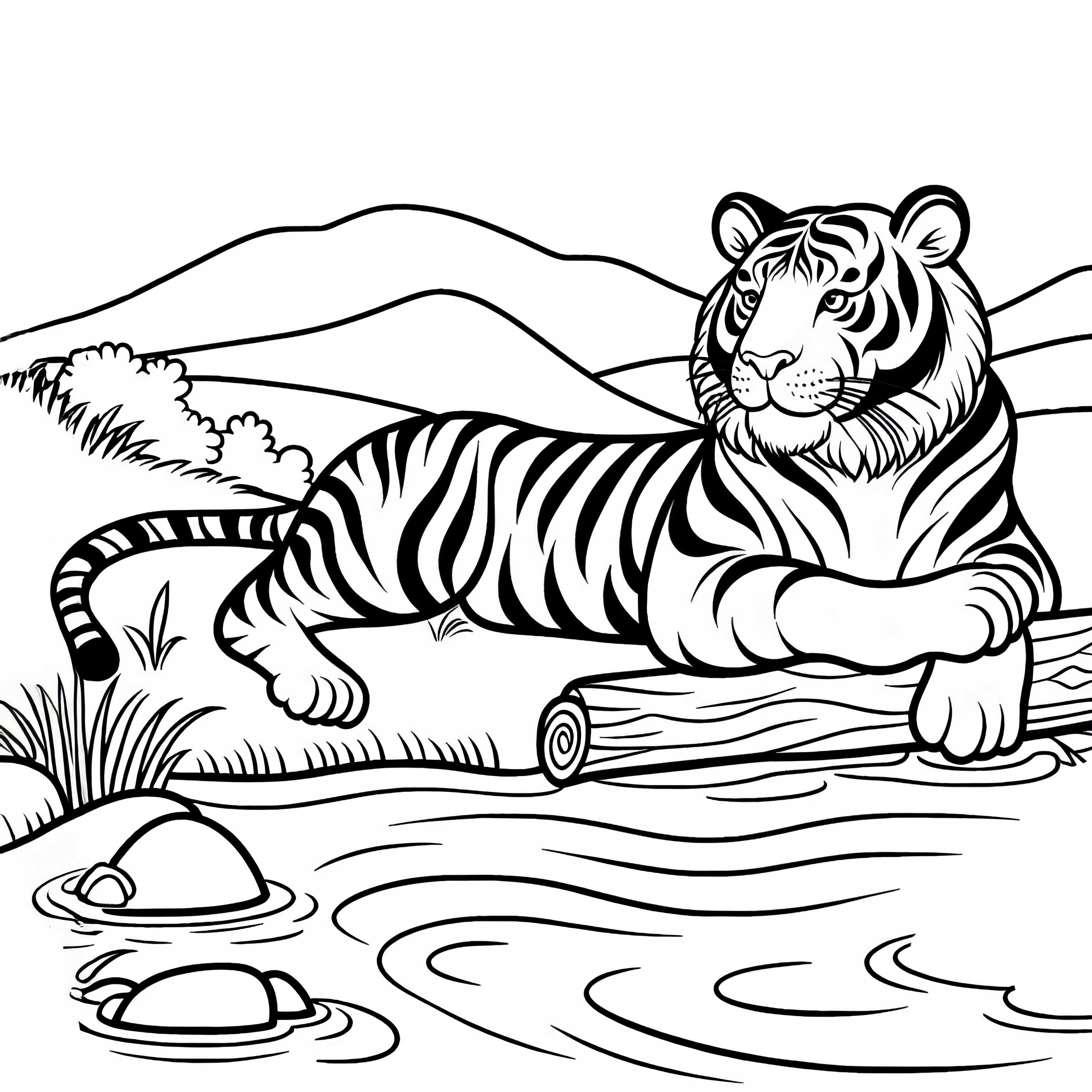 Tigre a la orilla de un río: plantilla para colorear para descargar (Gratis)