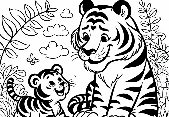 Cachorro de tigre juega con su madre: Plantilla para colorear adorable (Gratis) Cachorro de tigre juega con su madre: Linda plantilla de dibujo (Gratis)