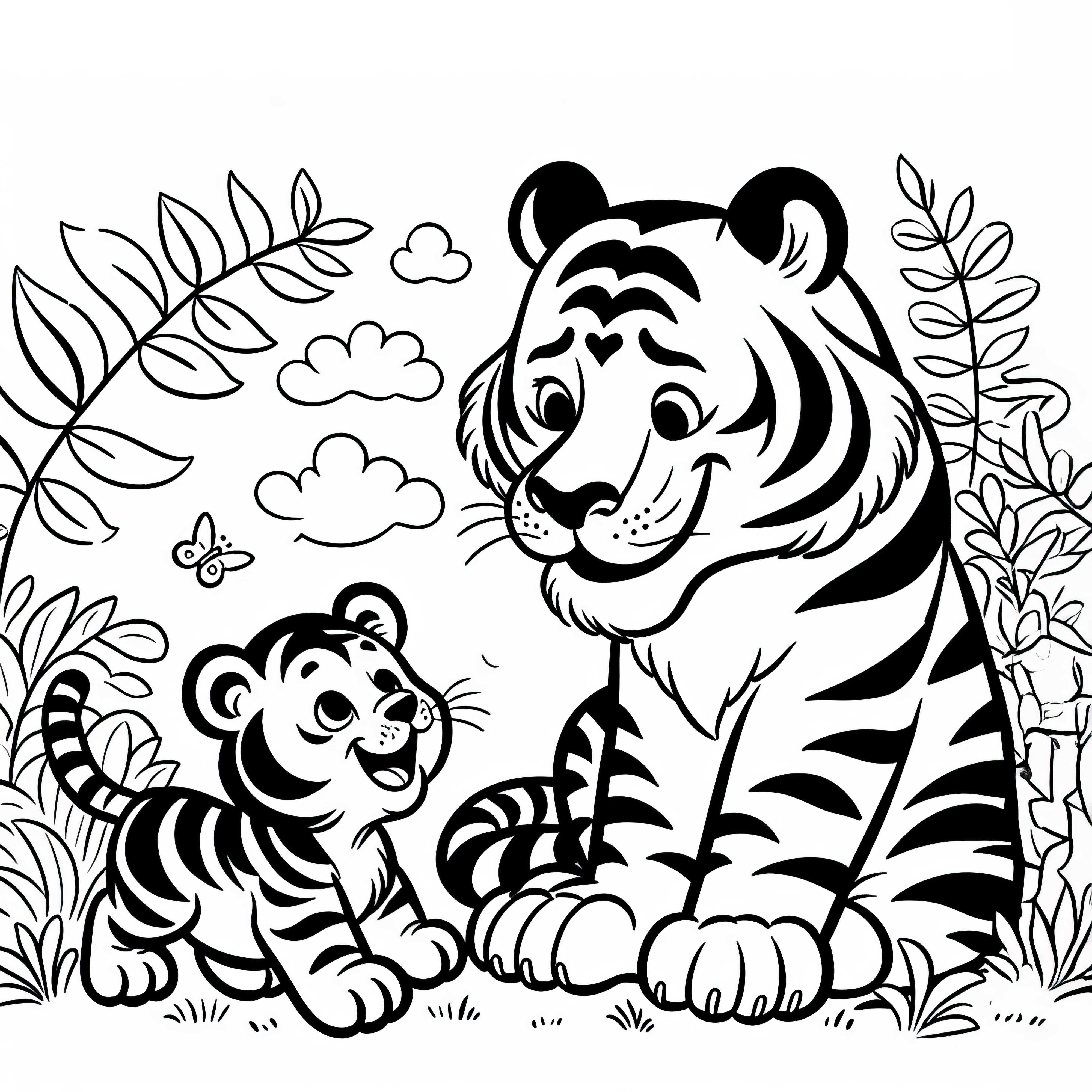 Cachorro de tigre juega con su madre: Bonita plantilla para colorear (Gratis)