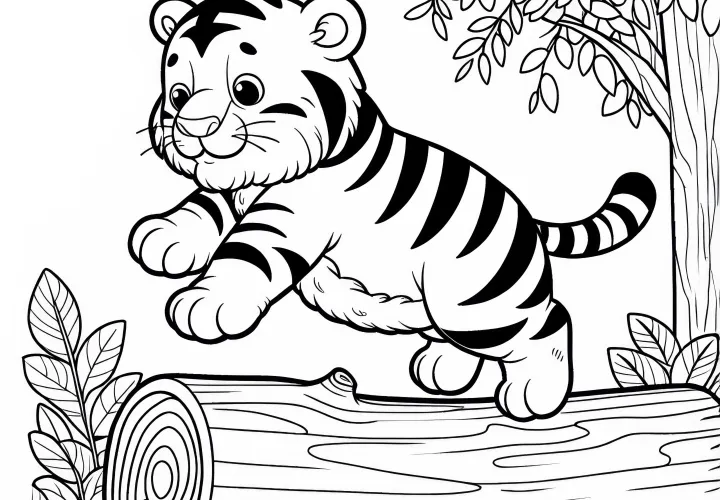 Тигренок на бревне: Простая раскраска (Бесплатно)