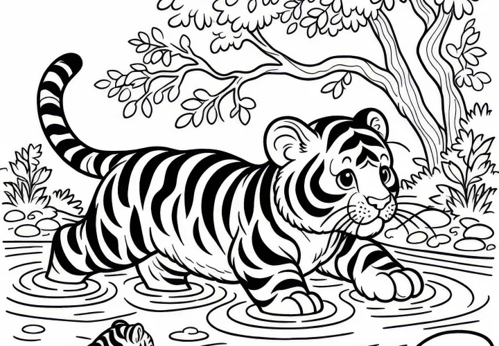 Тигр в реке: Простая раскраска (Бесплатно)