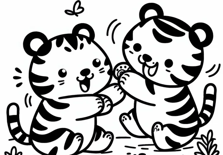 Милые тигры сражаются друг с другом: Простая раскраска (Бесплатно)