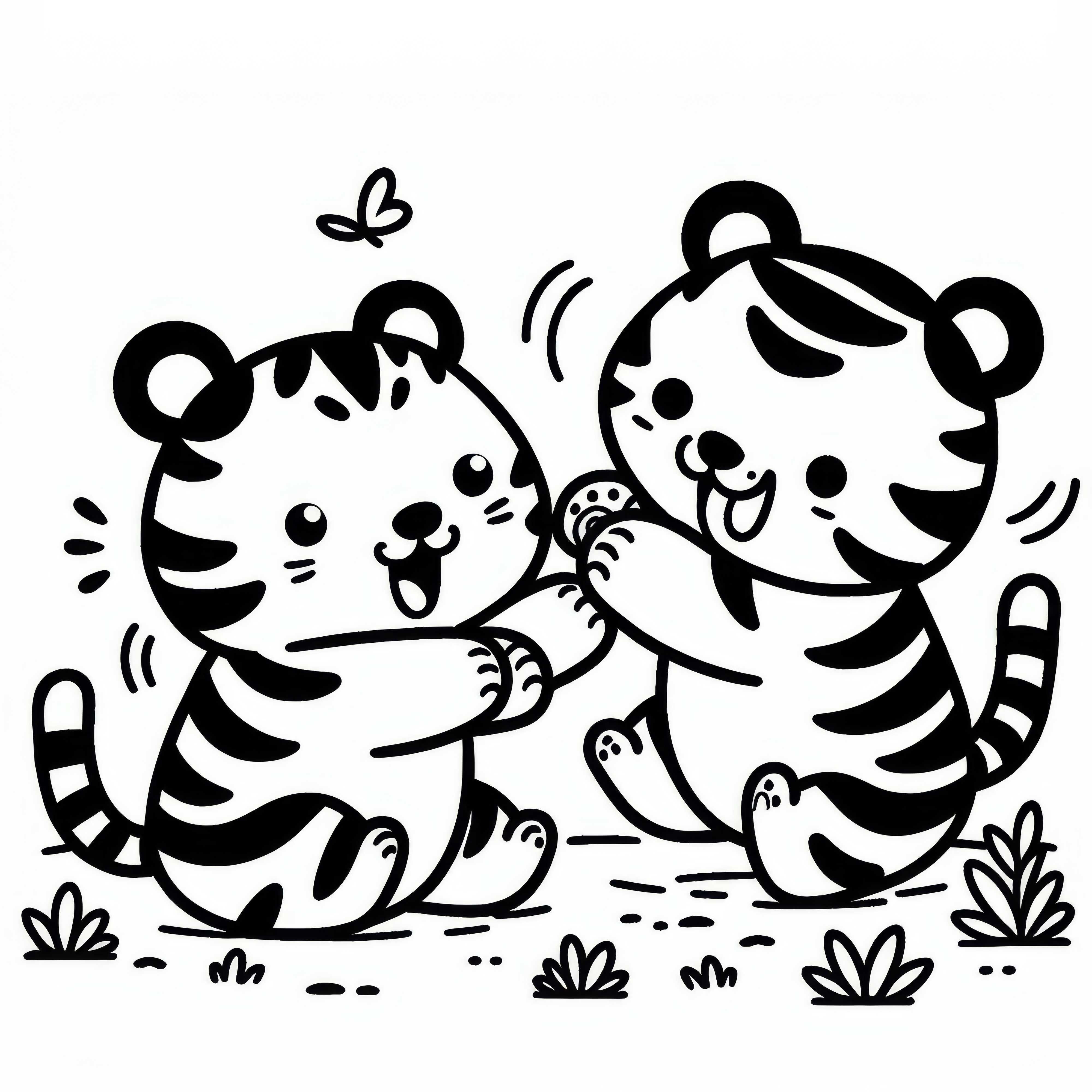 Tigres adorables luchando entre sí: Plantilla de pintura simple (Gratis)