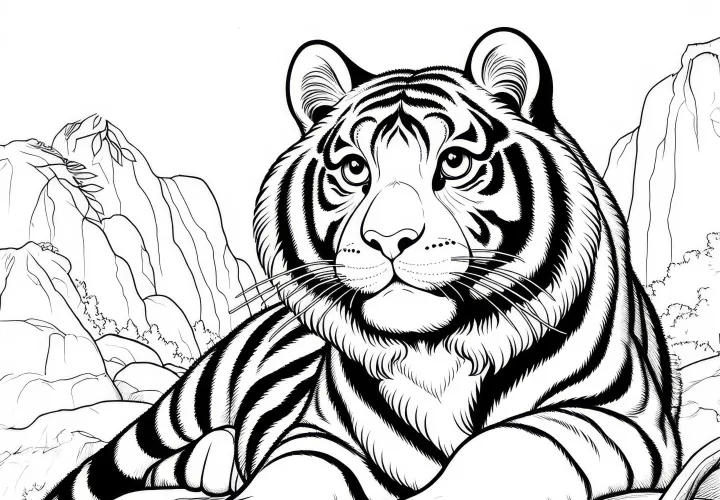 Тигр на скале: Раскраска для скачивания (Бесплатно)