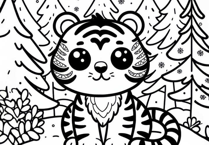El tigre está sentado en el bosque cubierto de nieve: Imagen para colorear sencilla para descargar (Gratis)