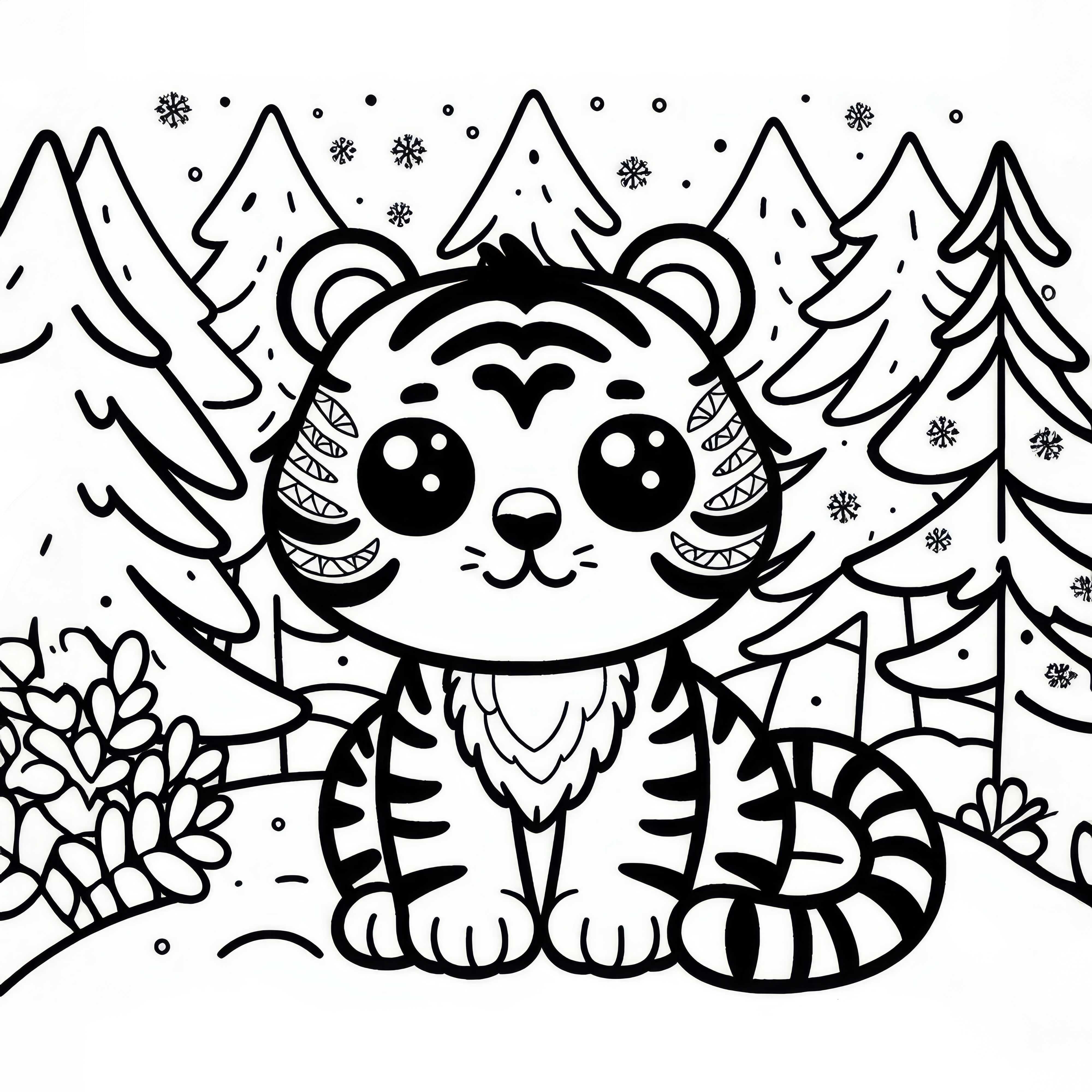 Tiger sits in the snowy forest: Simple coloring page for download (free of charge)