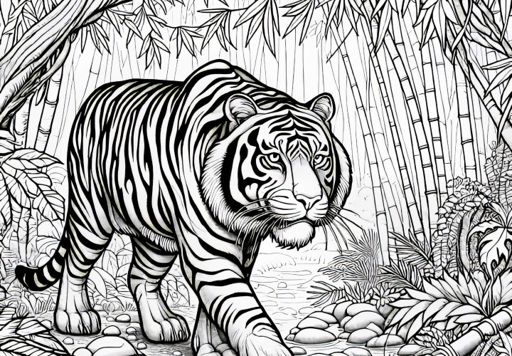 Tigre en la selva con bambú: Plantilla de coloración detallada (Gratis) Tigre en la jungla con bambú: Plantilla para colorear detallada (Gratis)