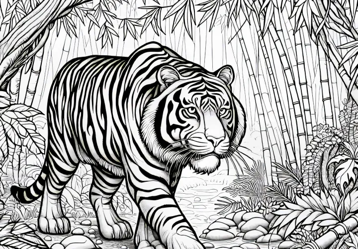 Тигр в джунглях с бамбуком: детализированная раскраска (бесплатно)