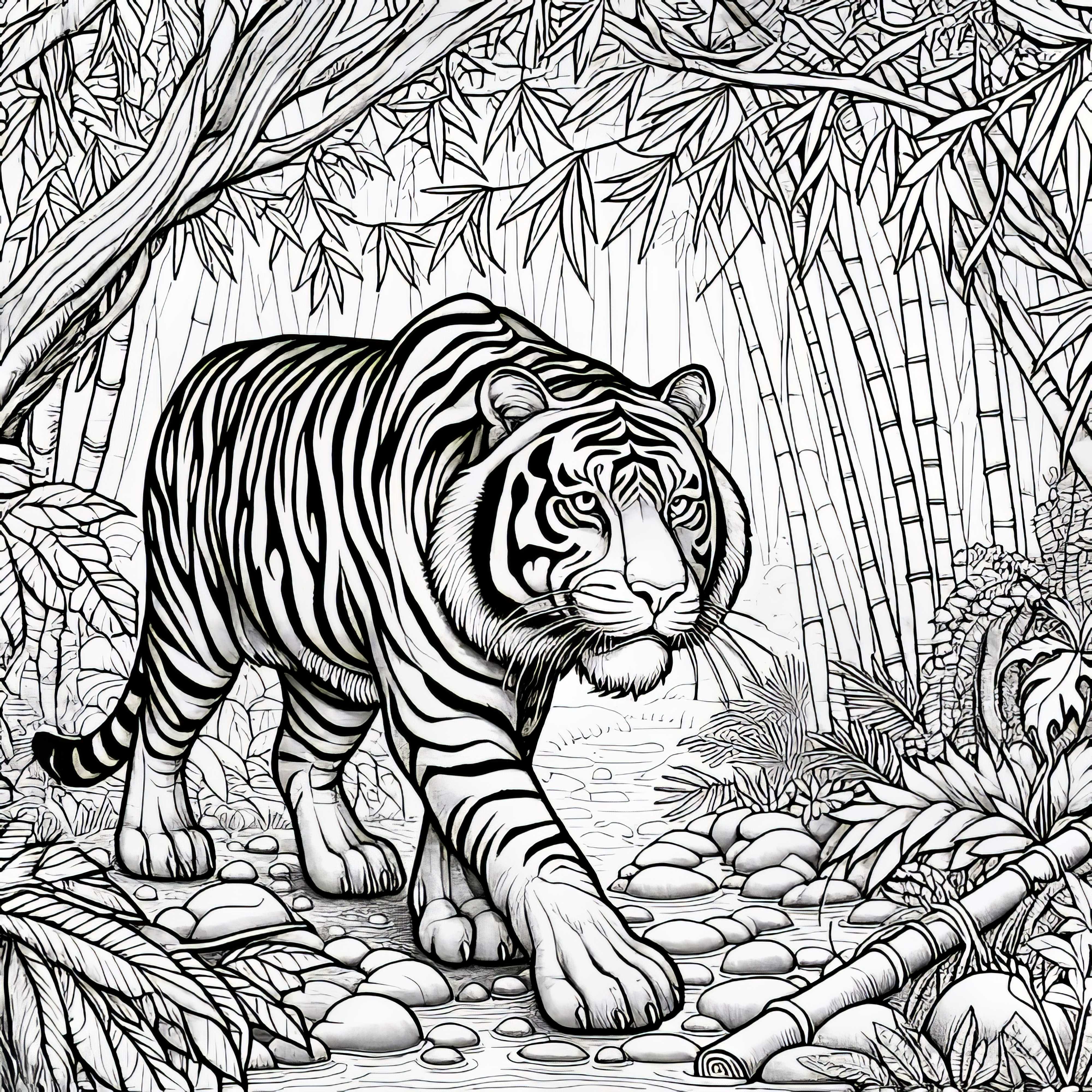 Tigre en la jungla con bambú: Plantilla para colorear detallada (Gratis)