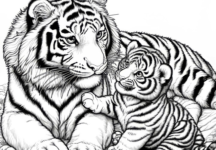 Cachorro de tigre juega con su madre: Plantilla para colorear detallada (Gratis)