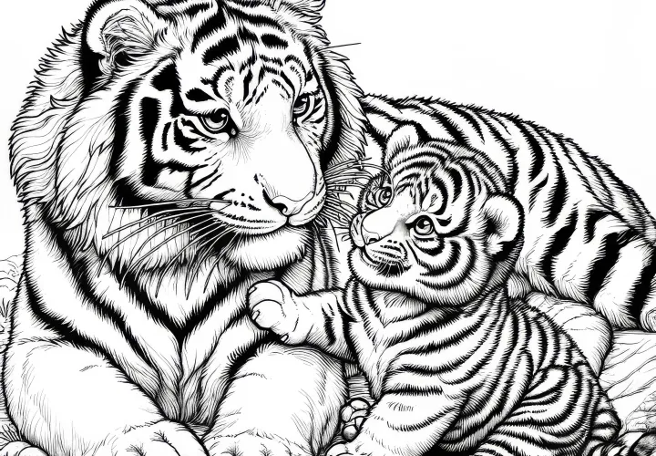 Тигрёнок играет с матерью: детализированный рисунок для раскраски (Бесплатно)
