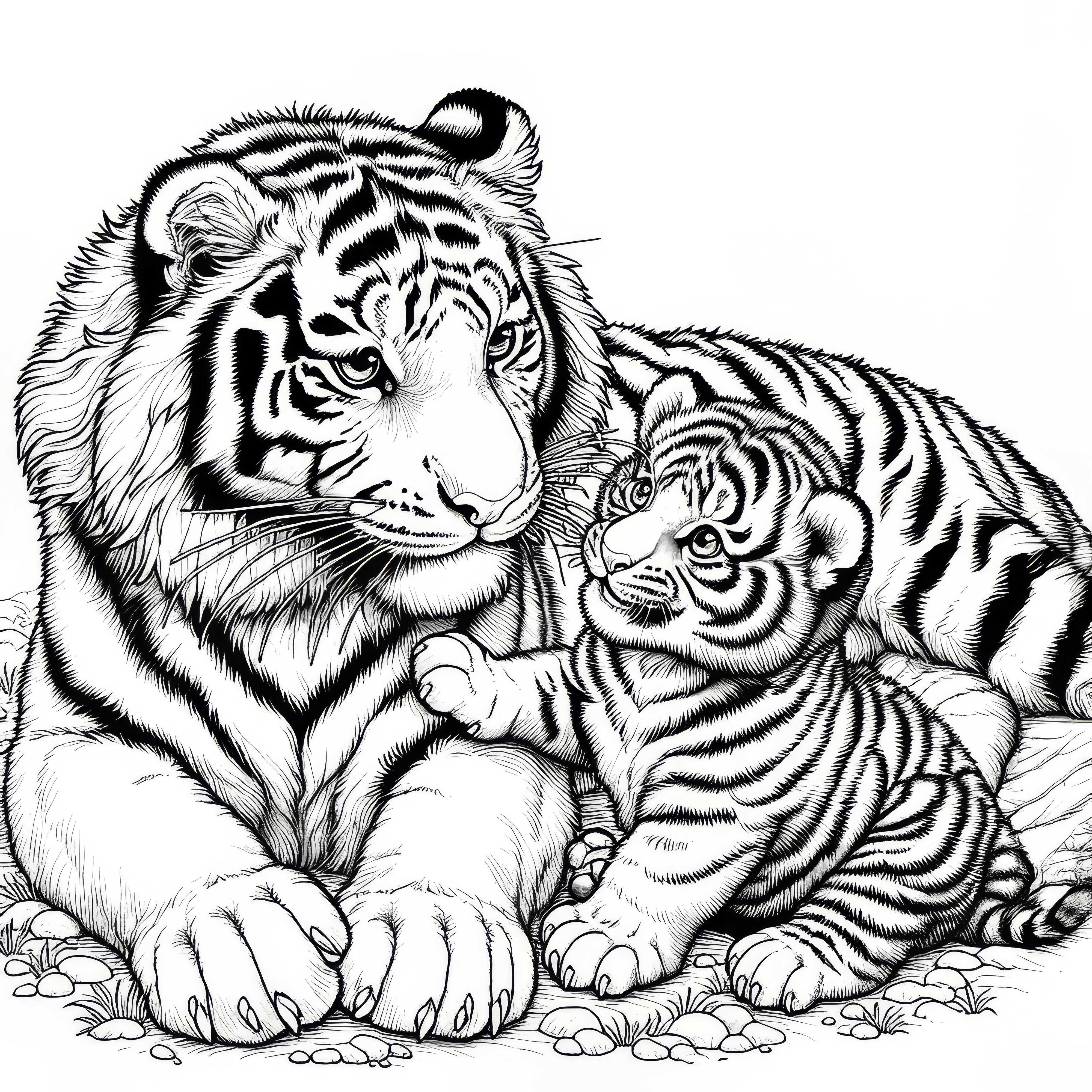 Tiger cub plays with mother: Detailed coloring template (Free)