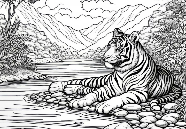 Тигр на берегу реки: детализированный рисунок для раскрашивания (бесплатно)