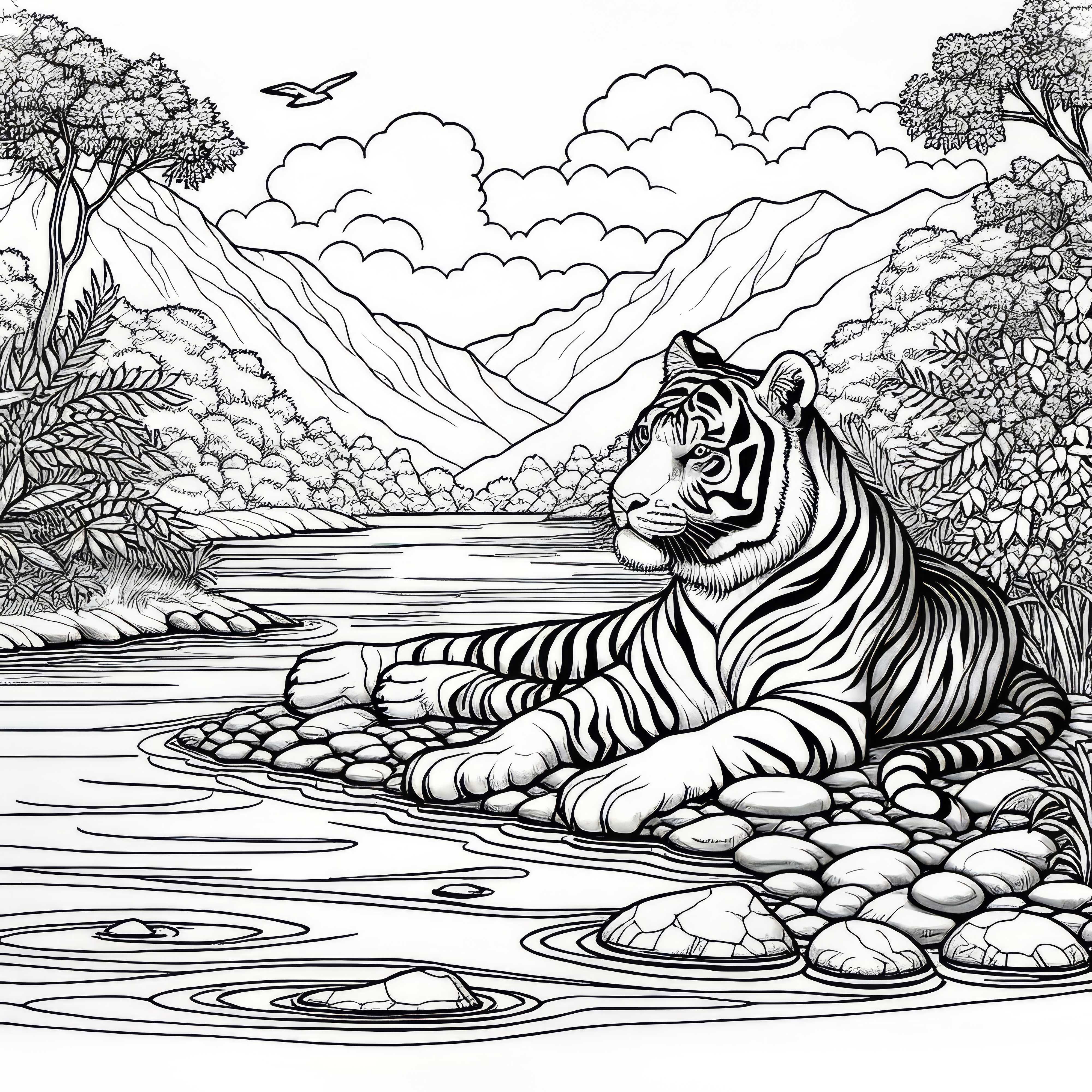 Tigre a la orilla de un río: Plantilla para colorear detallada (Gratis)