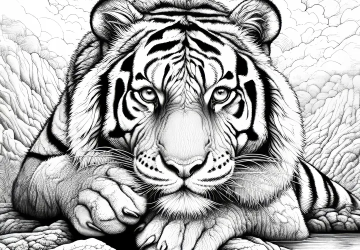 Тигр с пронизывающим взглядом: Раскраска для скачивания (Бесплатно)